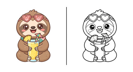 Naklejka premium Cute kawaii sloth pineapple smoothie kids coloring page vector
