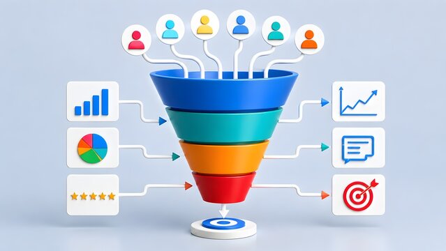 3D funnel with anonymous user avatars and business chart data panels. Concept of digital marketing strategy, and sales lead generation.