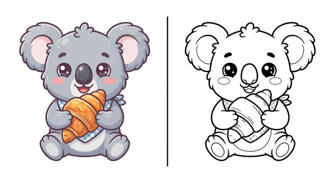 Cute kawaii koala croissant bakery kids coloring worksheet vector