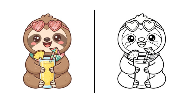 Cute kawaii sloth pineapple smoothie kids coloring page vector