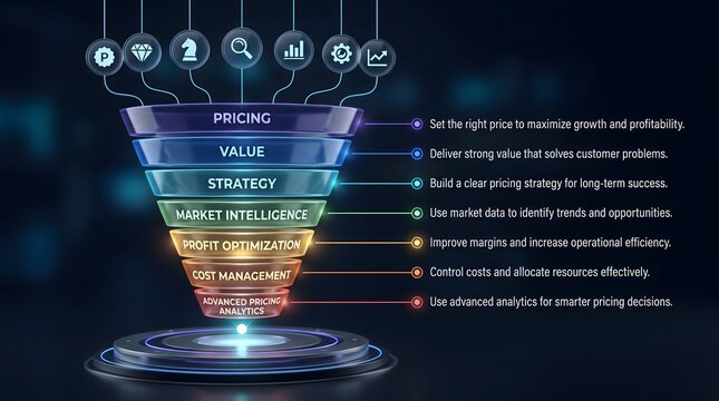Layered glass pricing strategy funnel diagram with business icons. Concept of profit optimization, and market intelligence analytics.