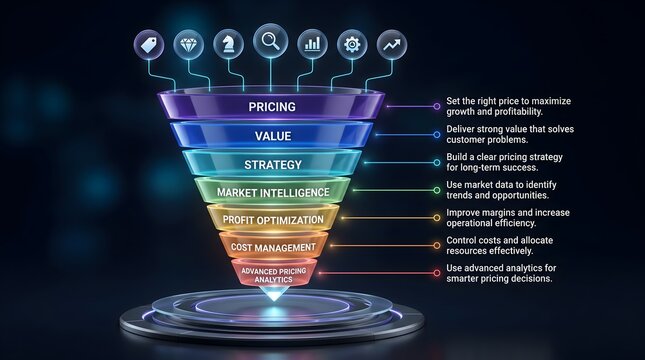 Illuminated glass pricing strategy funnel diagram on metallic podium. Concept of corporate revenue optimization, and financial business planning.