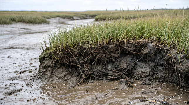 Coastal marsh sediment and vegetation illustrating natural blue carbon storage, useful for climate research, ESG reporting, carbon conservation, and environmental education.
