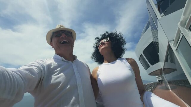 Joyful Romantic Couple on Cruise Trip in Mykonos Greece