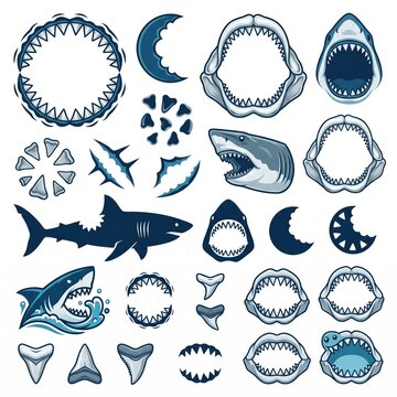 Shark Bite Vector Collection, Shark Jaw, Sharp Teeth, Bite Marks and Ocean Predator Marine Life Illustration