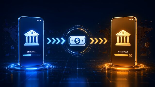 Two glowing smartphones transferring a digital dollar bill across a tech background. Concept of mobile finance application and money transfer.