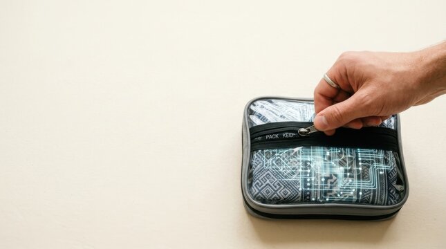 Person opening a packing cube bag to visualize data compression reducing space while keeping organized useful content