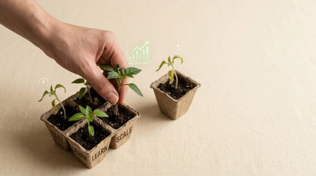 Person hand holding plant illustrating business experimentation by testing small ideas before investing heavily for results