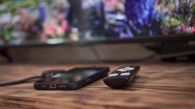 Hand setting down remote control beside phone on table, blurred TV screen background, entertainment and modern technology concept.