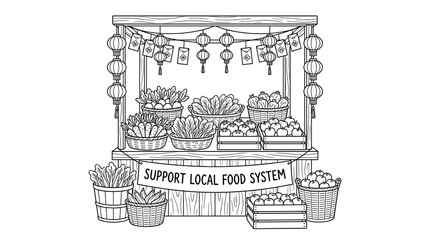 Fototapeta premium Farmer's market stall with fresh produce, baskets of vegetables and fruits, and decorative lanterns. Includes banner with text.