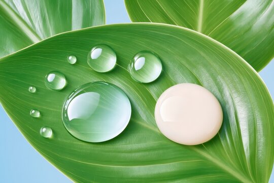 Water droplets and cosmetic cream on green leaf with soft lighting