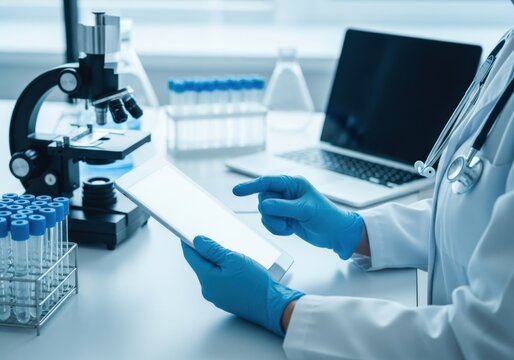 Scientist using a digital tablet in a laboratory with a microscope and test tubes