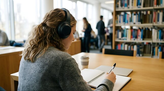 Student wearing headphones studying with notebook in a public library
