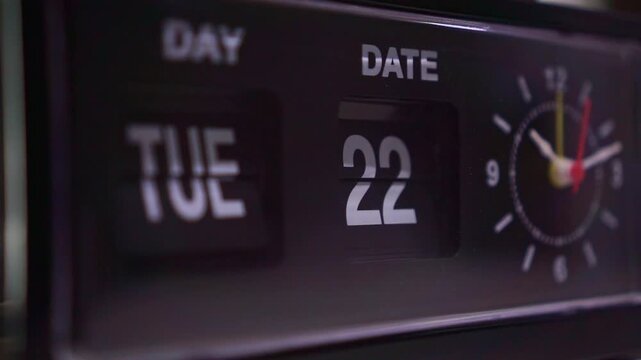 Retro style desk clock close up, second hand in motion, dark room lighting, vintage time display concept.