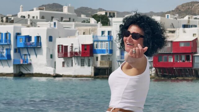 Woman With Hat Makes Call Hand Gesture Little Venice Mykonos
