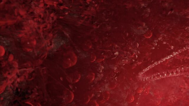 A close view of a red textured surface that looks like organic material. The surface has various shapes and patterns that create visual interest.