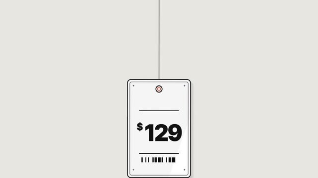 Minimalist 2D animation of a hanging price tag dropping from 129 to 99 dollars for retail sales promotion