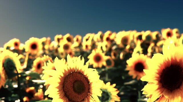 A large field of sunflowers stretches towards the horizon on a sunny day. The bright yellow flowers face upwards, soaking in the sunlight. The scene shows natures beauty during the day.