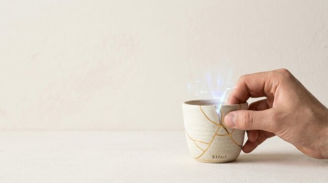 Person holding a cup emitting light representing reputation recovery by repairing visible damage with credibility