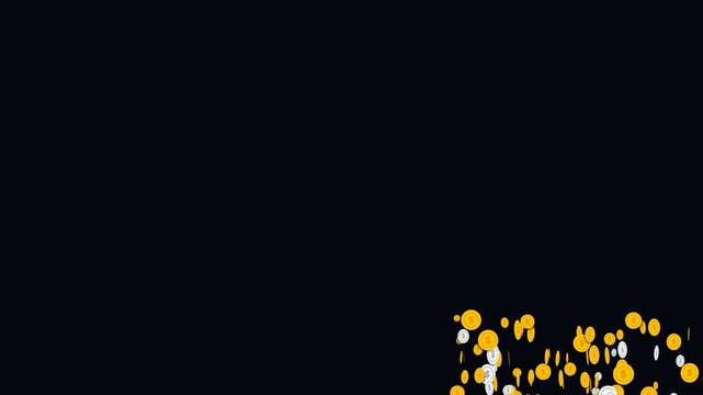 3D gold and silver dollar coins forming a pyramid shape and scattering on black background