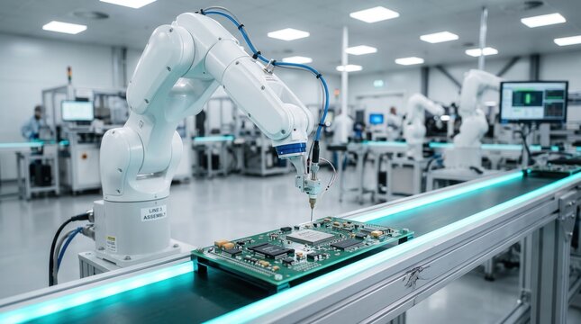 Industrial Robotic Arm Precision Assembling Electronic Components on a Printed Circuit Board in a High-Tech Smart Factory Production Line
