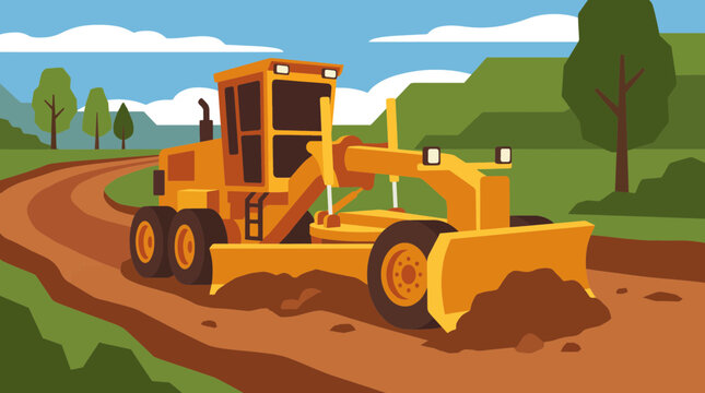 Grader Leveling Dirt Road Vector Illustration