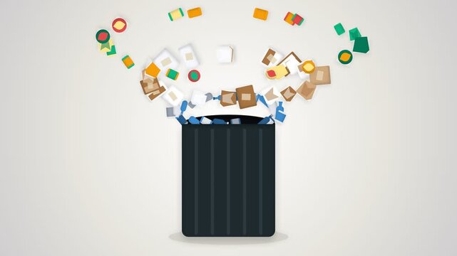 Minimalist animation of colorful garbage exploding from a trash bin on white background