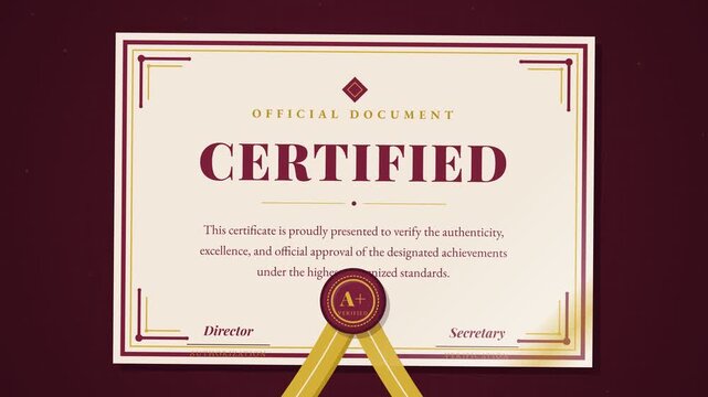 Motion graphic of a formal certified document with a gold verified seal on a dark background
