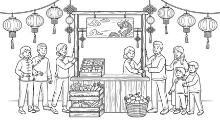 Diverse family at a market stall with fruits and vegetables, decorated with lanterns and a dragon sign