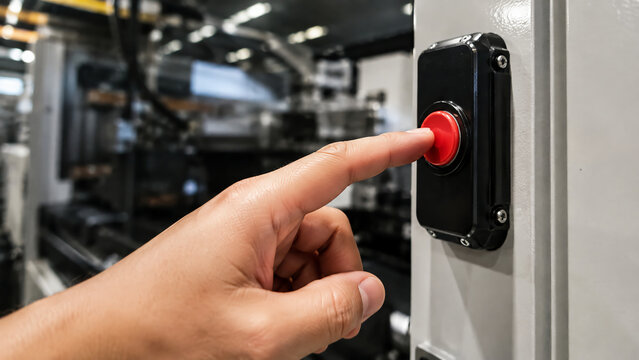 A hand is pressing a red emergency stop button on industrial machinery in a factory setting.