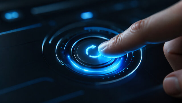 A finger presses a glowing blue power button on a futuristic digital interface, symbolizing activation or reboot in a high-tech environment.