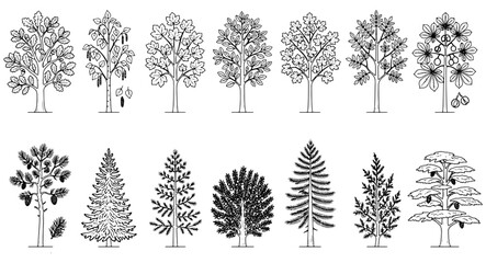 Fototapeta premium Set of hand drawn tree illustrations featuring various deciduous and coniferous species in black and white line art