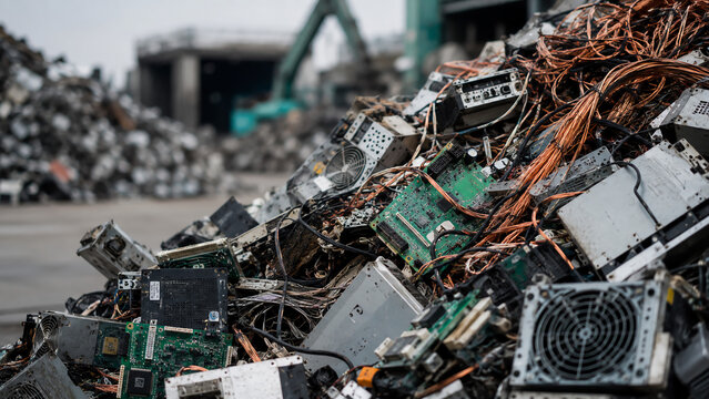 A large pile of discarded electronic components and circuit boards is shown at a recycling or e-waste facility.