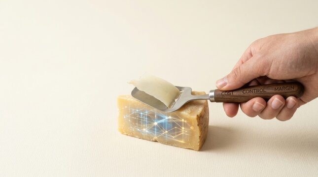 A person cutting a piece of cheese to visualize profit margin control by removing necessary amounts while preserving value