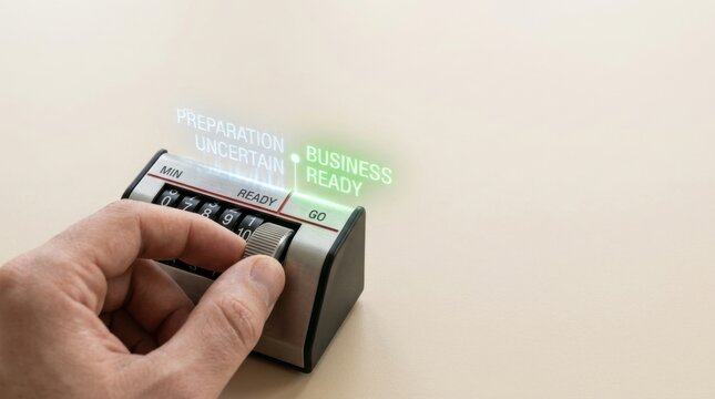Person turning a button depicting business threshold as minimum level reached before next stage becomes viable