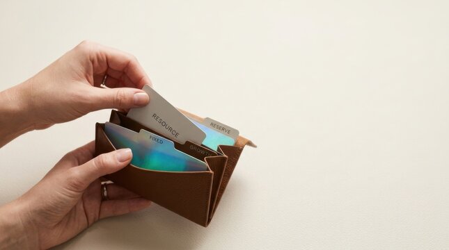 Individual placing budget card in wallet to visualize budget planning and resource allocation before spending begins