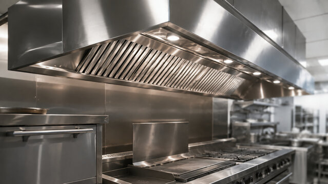 A sleek, modern commercial kitchen featuring stainless steel appliances, ventilation hoods, and cooking stations designed for professional food preparation.