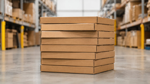A stack of six flat cardboard boxes sits on the polished floor of a large warehouse with shelves filled with packages.