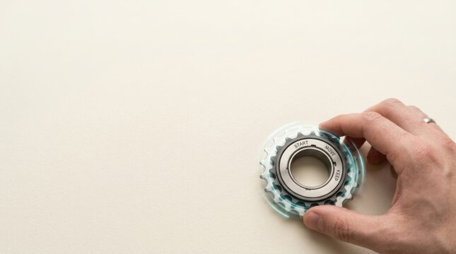 Hand holding bicycle freewheel symbolizing business momentum and continuous forward motion after initial push