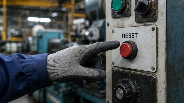 A gloved hand presses a red reset button on industrial machinery control panel in a factory setting.