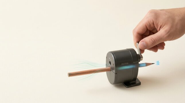 Operational efficiency visualized as a repeatable mechanism transforming inconsistent input into standardized output with pencil