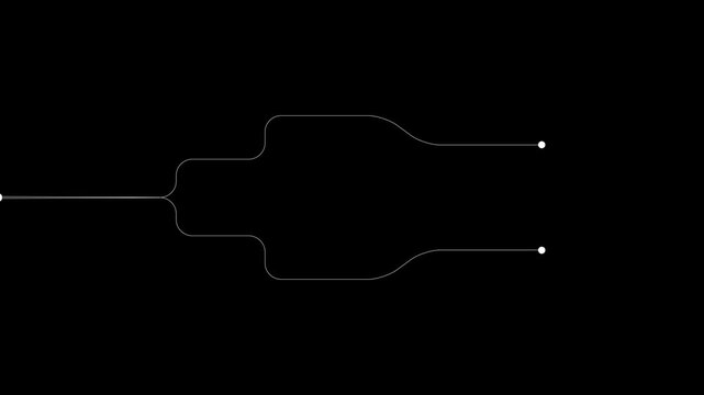 A minimalist abstract featuring a thin white line branching into two curved paths that end in small white circles on a solid black background, suggesting connection or divergence