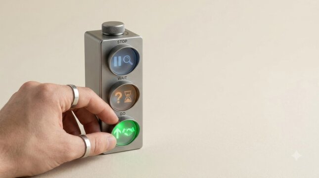 Business decision making visualized as a person turning a button on a wall to represent evaluating and proceeding