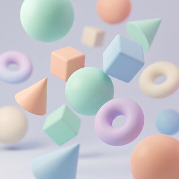 Abstract 3D geometric shapes background in pastel colors with minimal podium spheres and cones composition