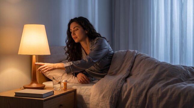 Woman in bed turning on bedside lamp at night