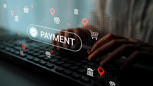 Digital Payment Processing Concept with Hands on Keyboard and Floating Icons of Shopping Cart, Bank, Location Pin, and Payment Security Symbol Gluon.