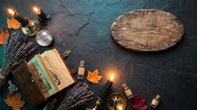 A top-down view of a mystical table setting featuring an open ancient spellbook, glowing candles, dried autumn leaves, and a wooden board on a dark, textured background surface.