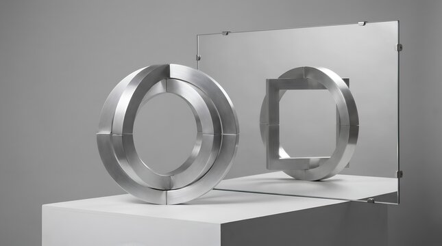 Transformation and paradigm shift concept showing circular object reflecting as square shape in mirror