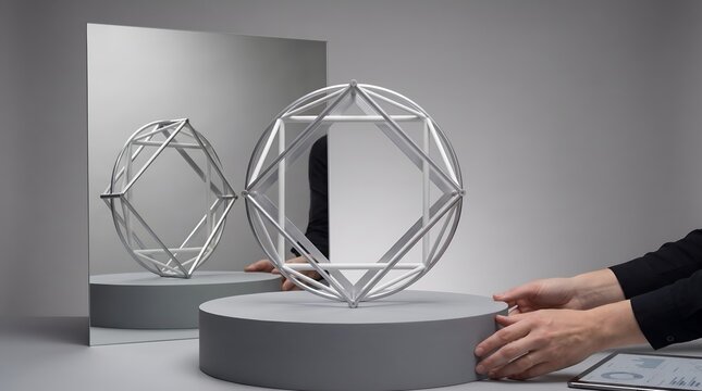 Abstract geometric art and perspective illusion concept showing complex metal sculpture with mirror reflection