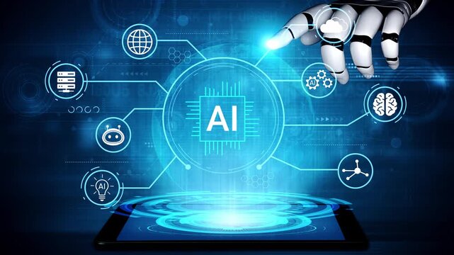 Futuristic Robotic Hand Interacting with Artificial Intelligence Concept on Digital Tablet Screen in High-Tech Environment. Entropy.